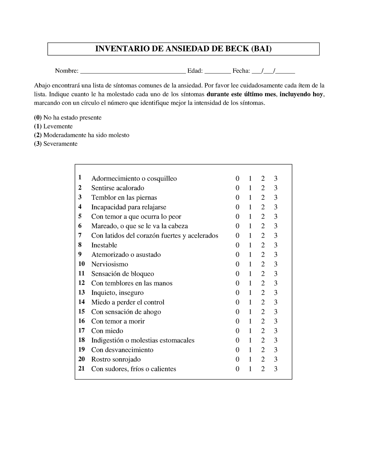 Inventario DE Ansiedad DE BECK BAI - INVENTARIO DE ANSIEDAD DE BECK ...