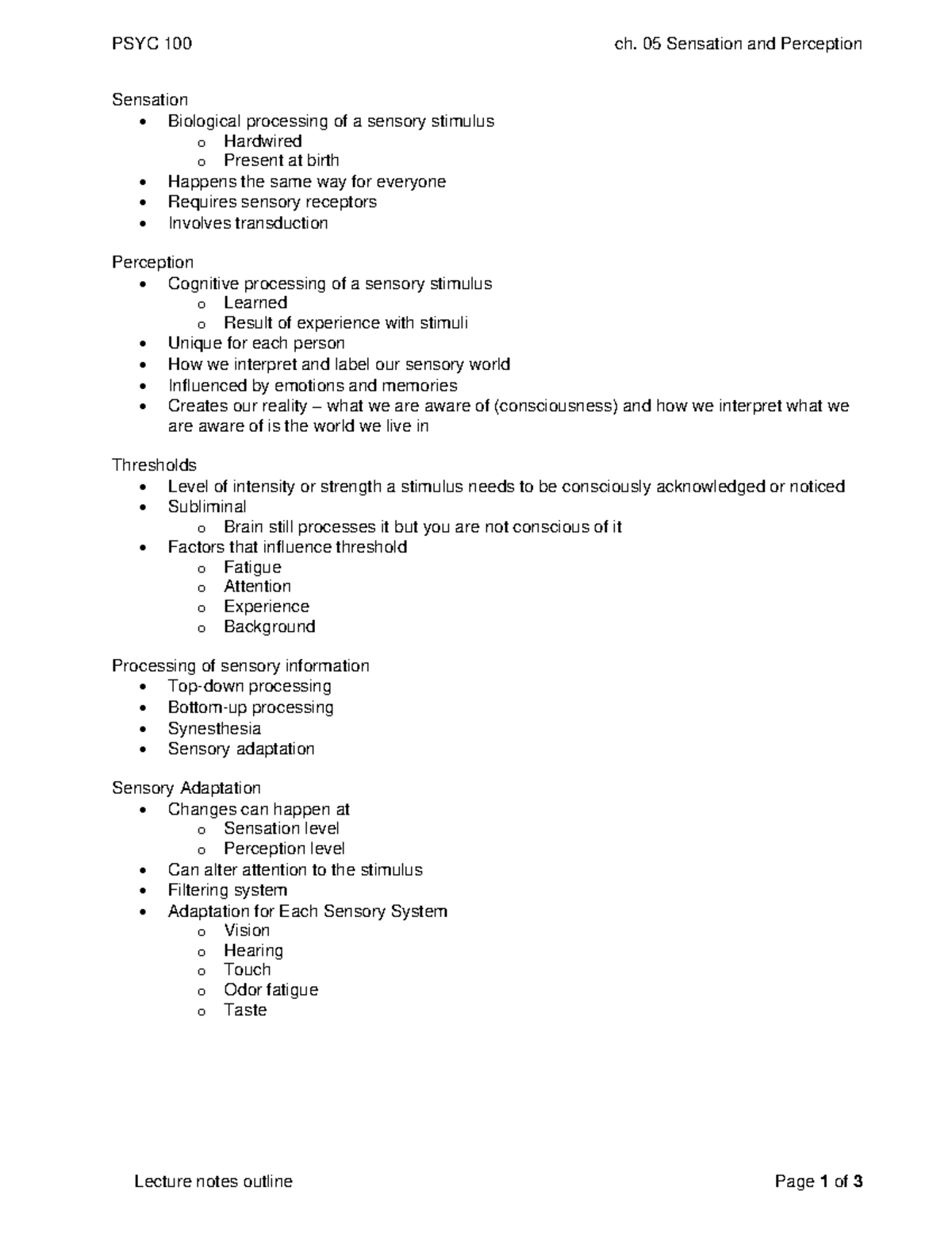 Ch 05 Sensation And Perception Psychology 100 Psyc 100 Ch 05 Sensation And Perception