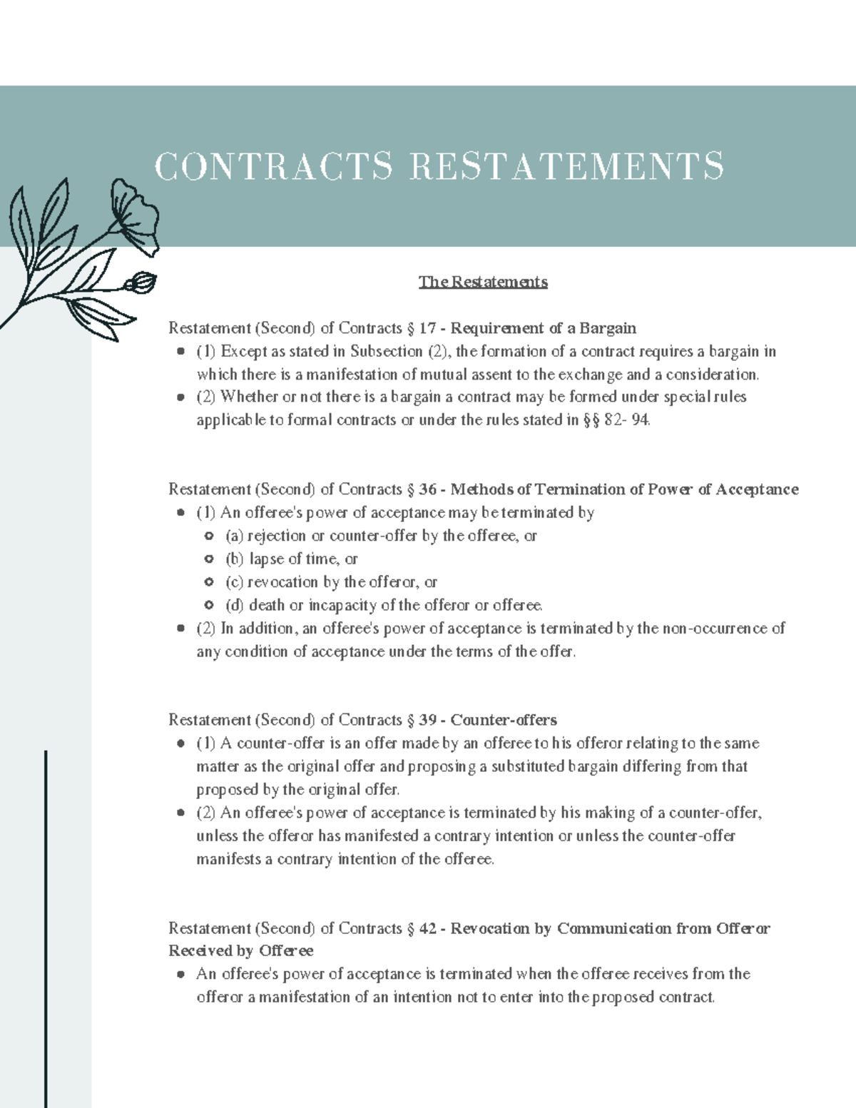 Restatements Outline Contracts Coordes - (1) Except as stated in ...