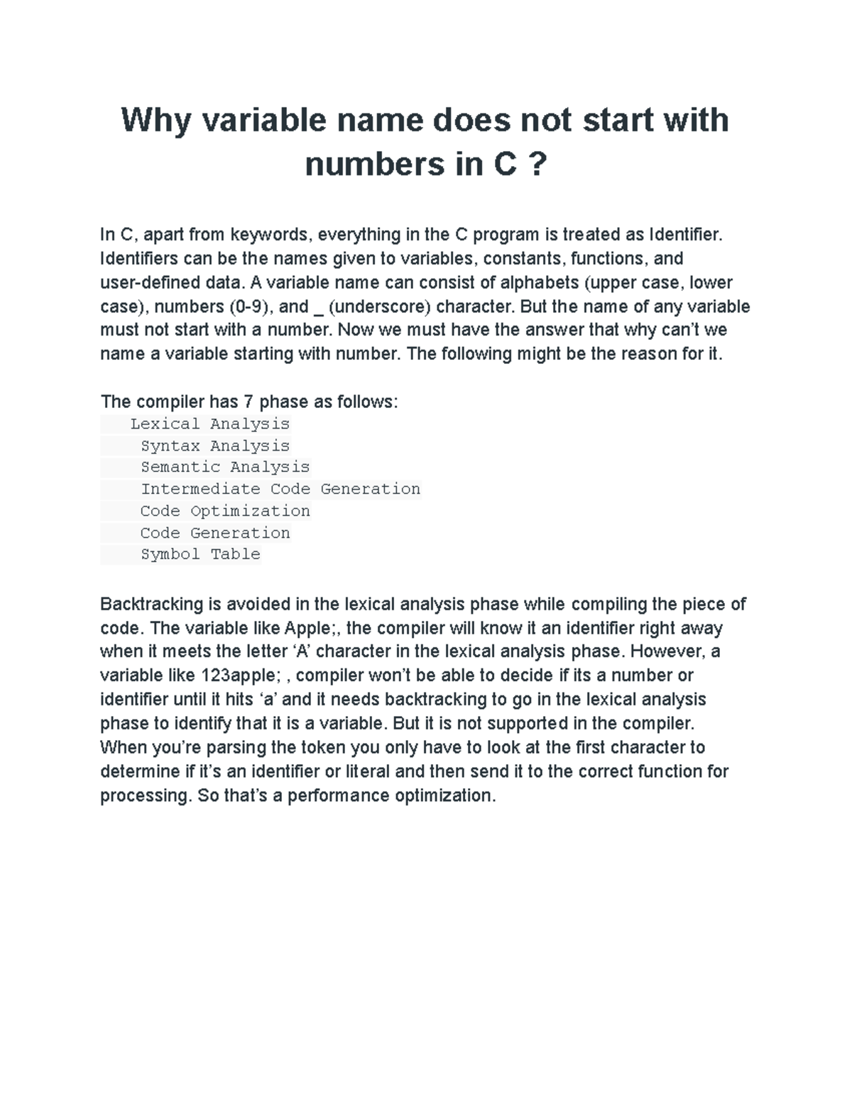 Why variable name does not start with numbers in C Identifiers can be