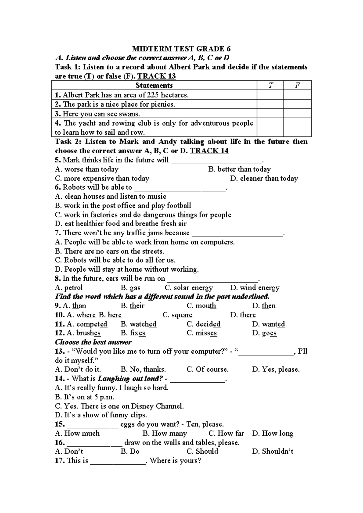Grade 6 HK2 - MIDTERM TEST GRADE 6 A. Listen and choose the correct ...