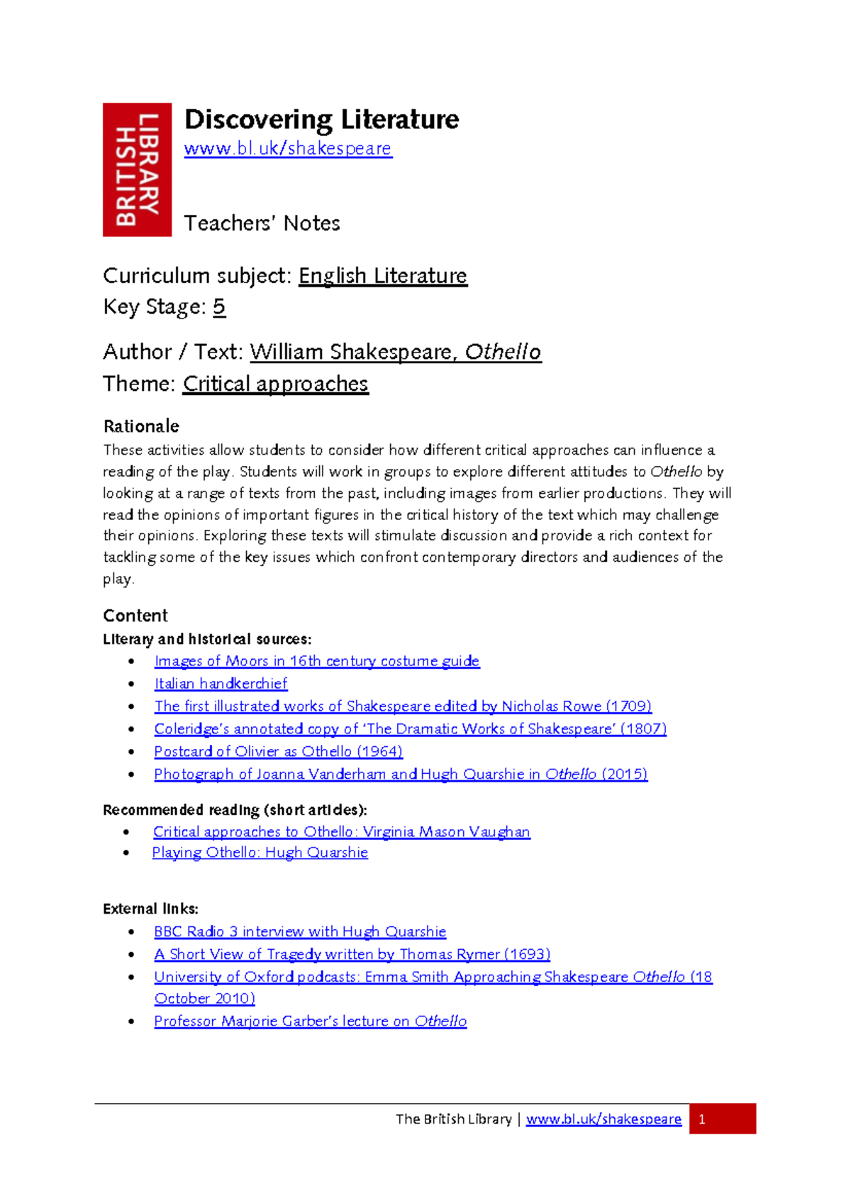 Othello Critical approaches - The British Library | bl/shakespeare 1 ...
