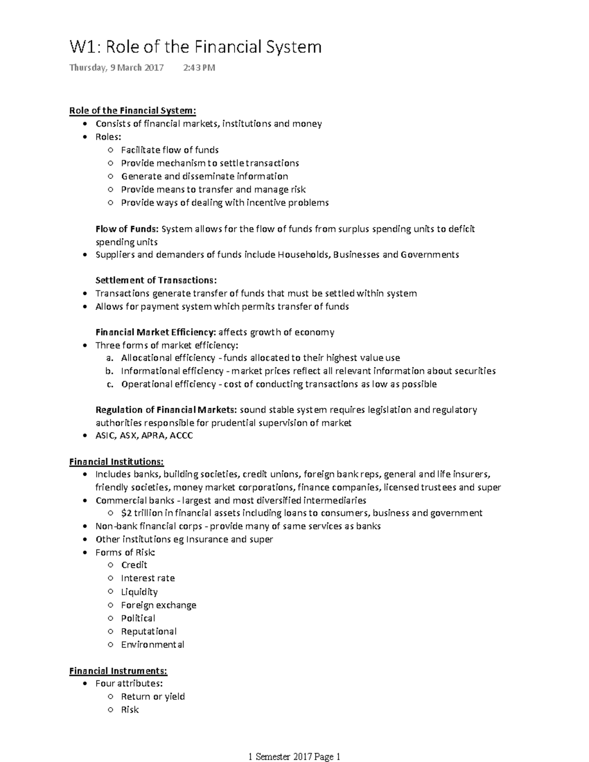 Financial Markets - Lecture notes All - W1: Role of the Financial ...