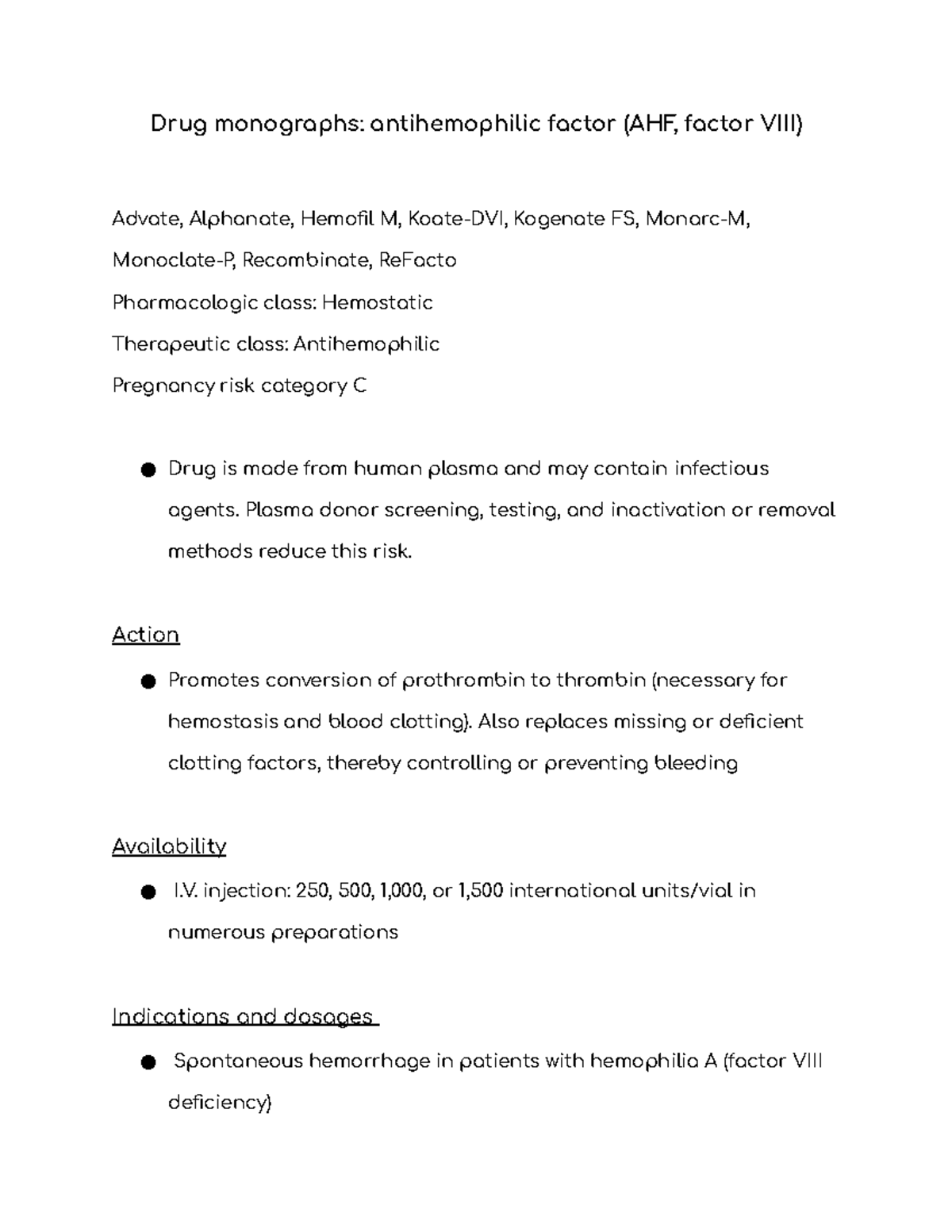 Drug monographs antihemophilic factor (AHF, factor VIII) - Plasma donor ...