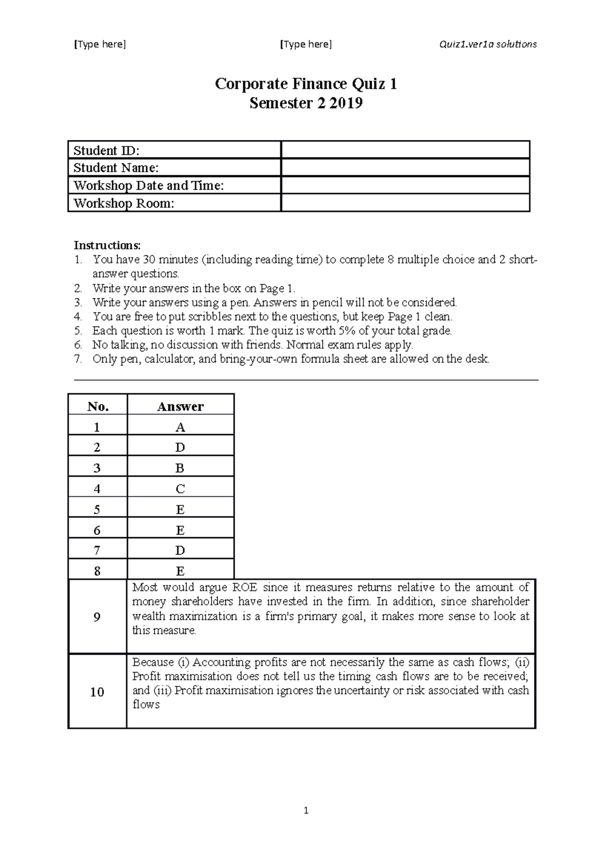 Quiz 2019, Answers - [Type Here] [Type Here] Quiz1 Solutions Corporate ...