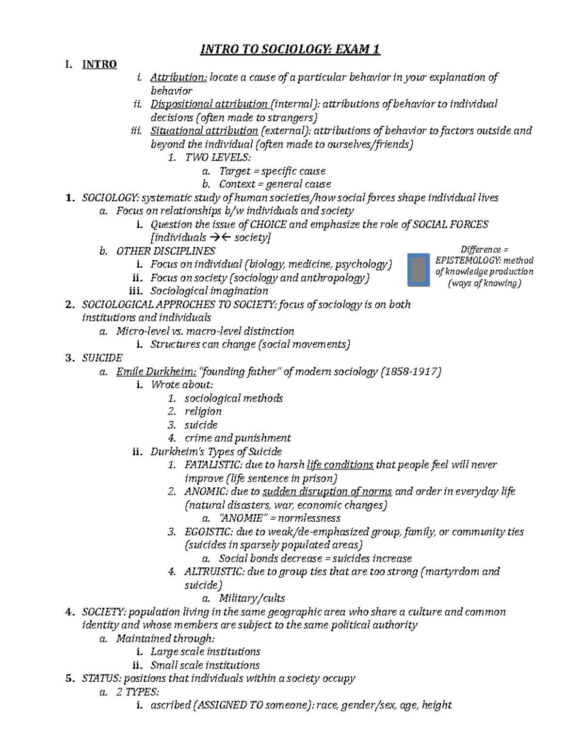 2017-Intro to Sociology-Exam 1 Review - INTRO TO SOCIOLOGY: EXAM 1 I ...