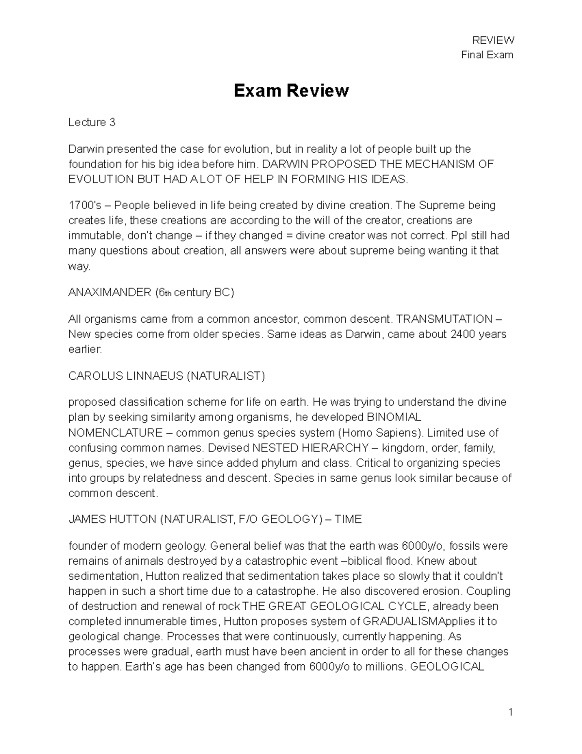Exam Review - Final Exam Exam Review Lecture 3 Darwin presented the ...