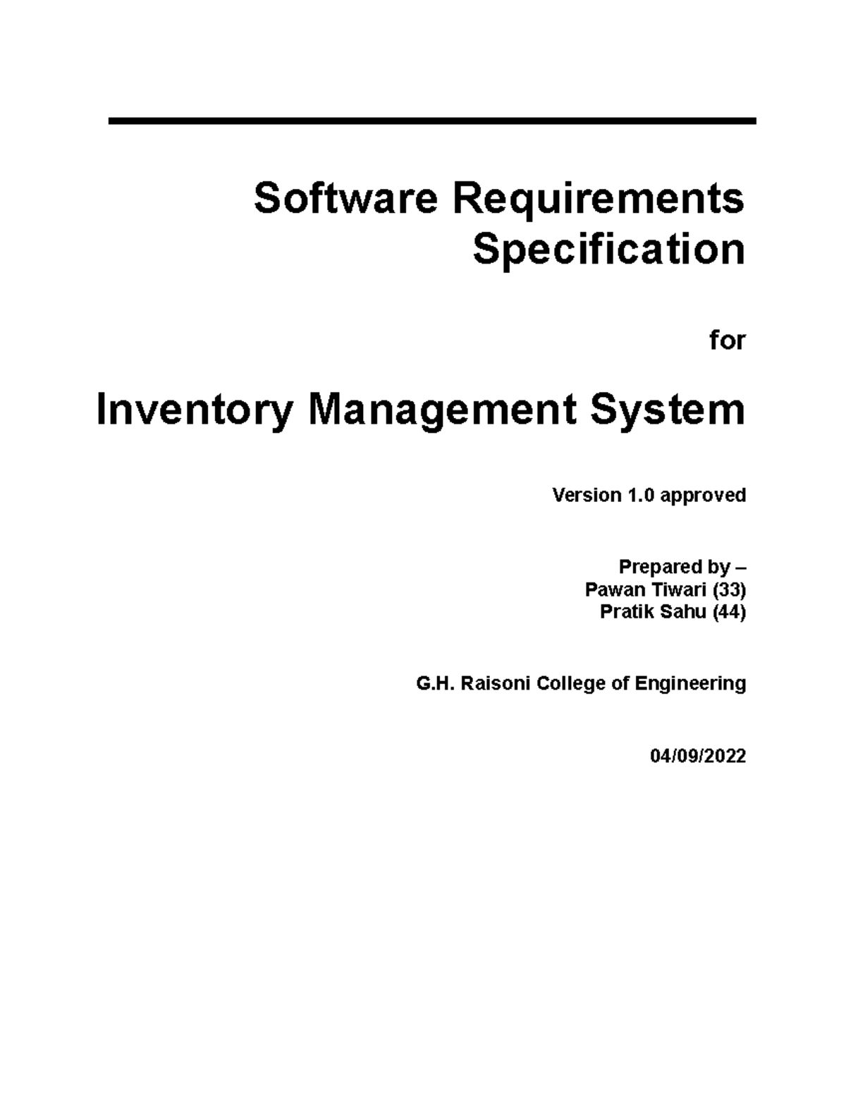 SEPM Format Software Requirements Specification for Inventory