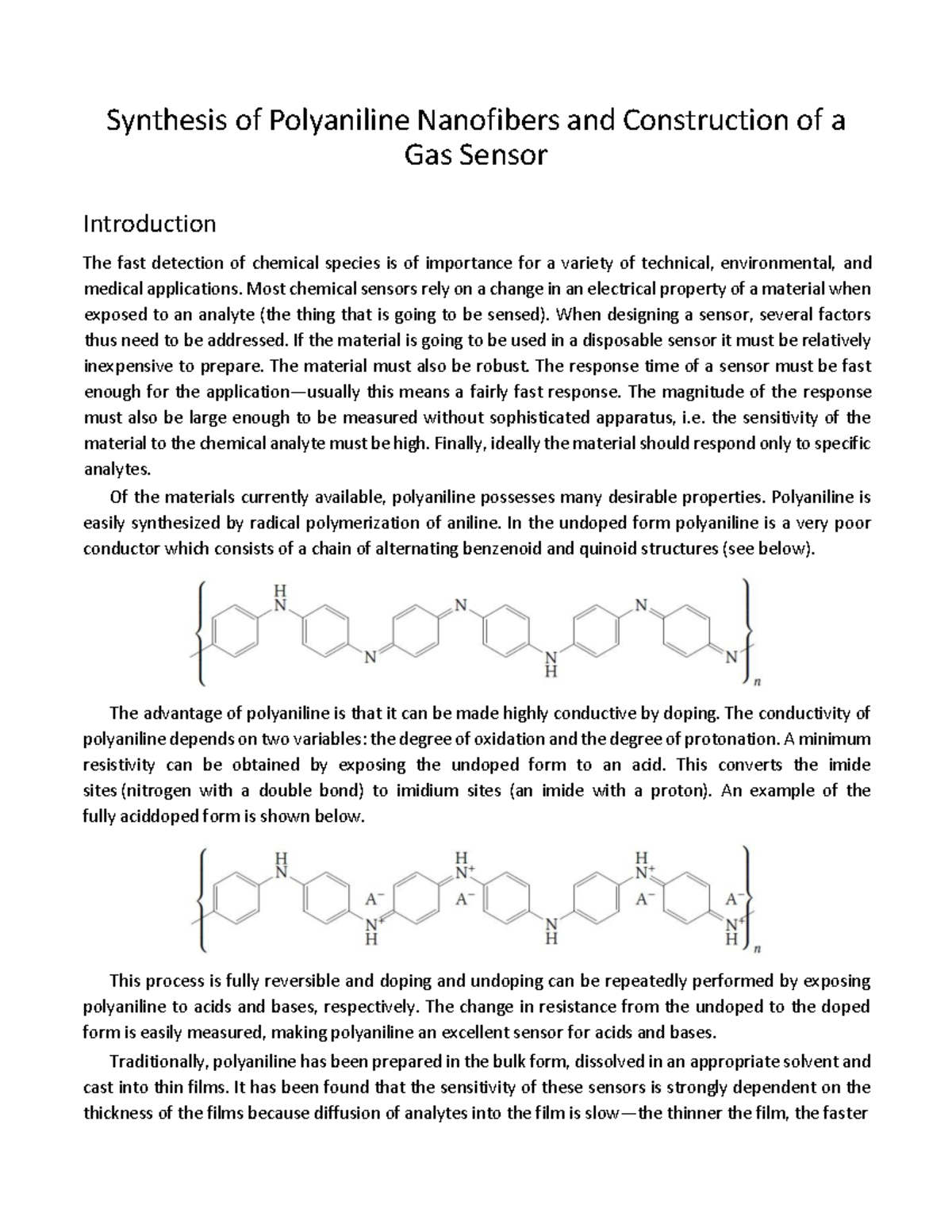 05 Polyaniline Sensor Lab Guide - Synthesis Of Polyaniline Nanofibers ...