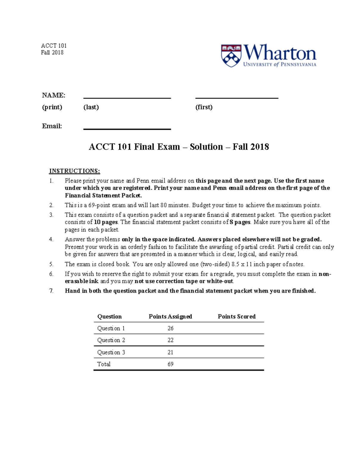 ACCT 101 Final + Solution 3 - ACCT 101 Fall 2018 NAME: (print) (last ...