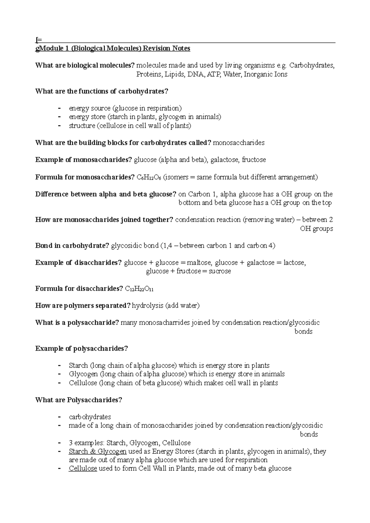 AQA Module 1 Revision Notes - [= gModule 1 (Biological Molecules ...