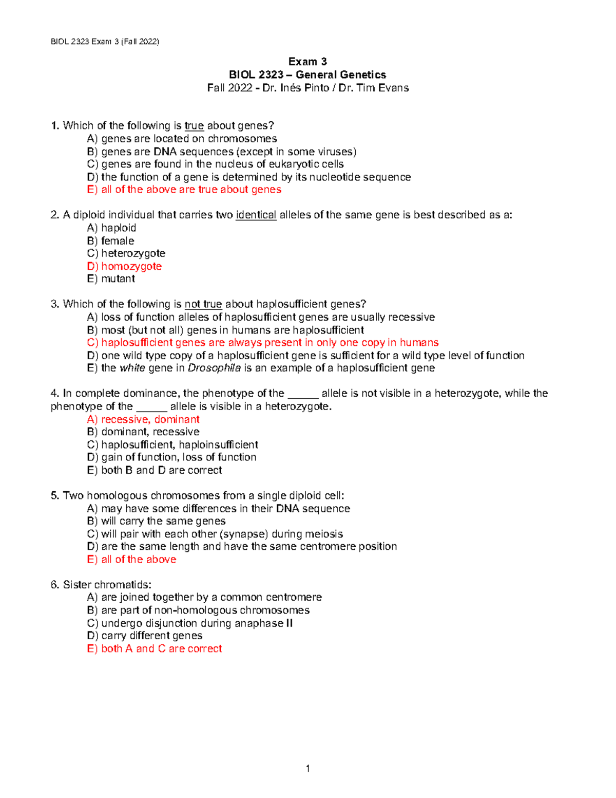 Genetics exam 3 Fall 2022 key - Exam 3 BIOL 2323 – General Genetics ...