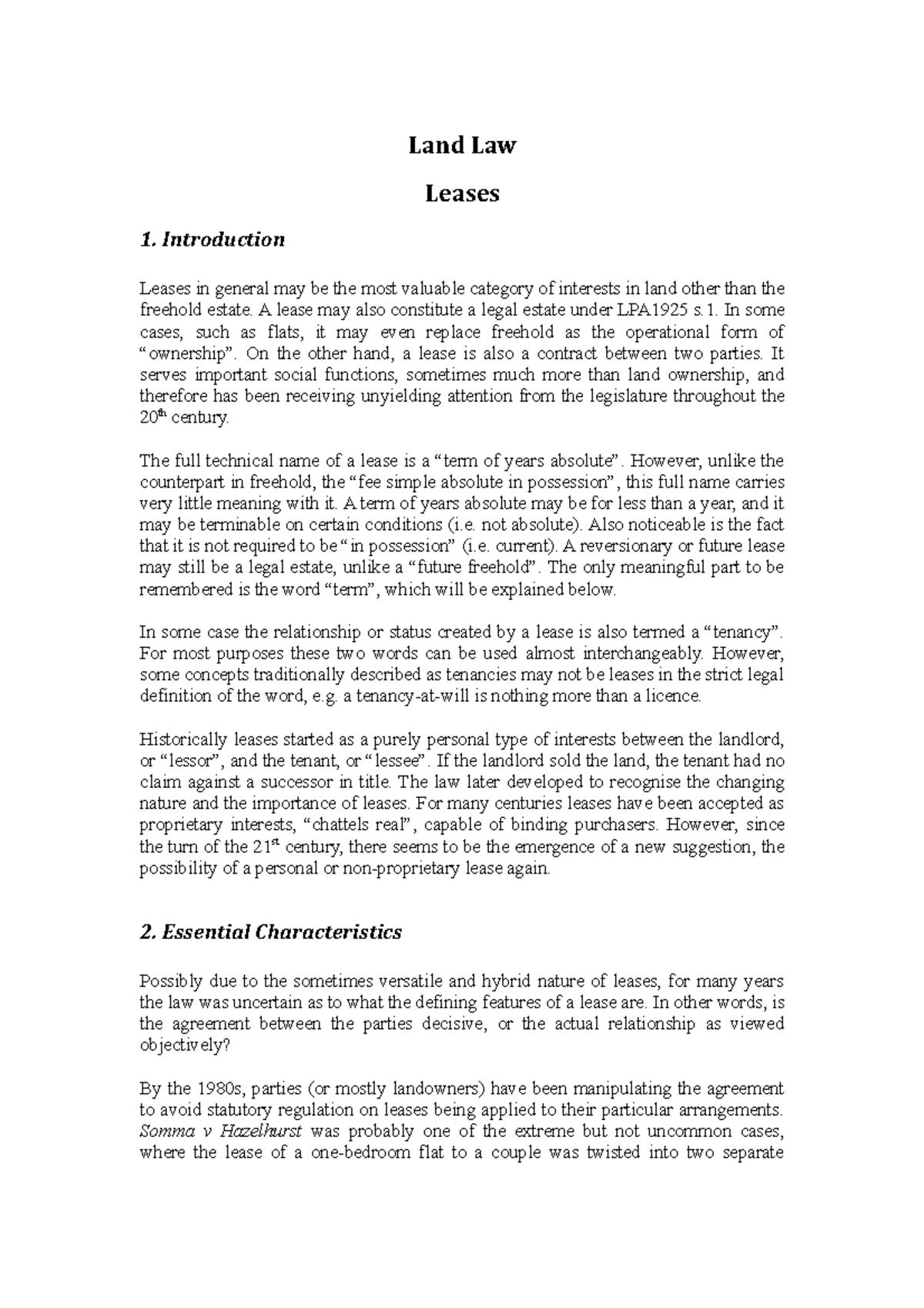 Lecture Notes - Leases - Land Law Note On Lease - Land Law Leases 1 ...