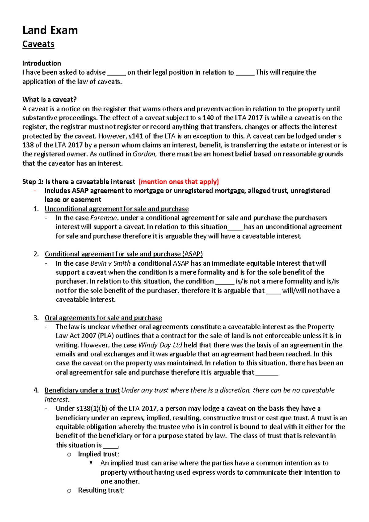 Land Exam - Mid year exam notes - Land Exam Caveats Introduction I have ...