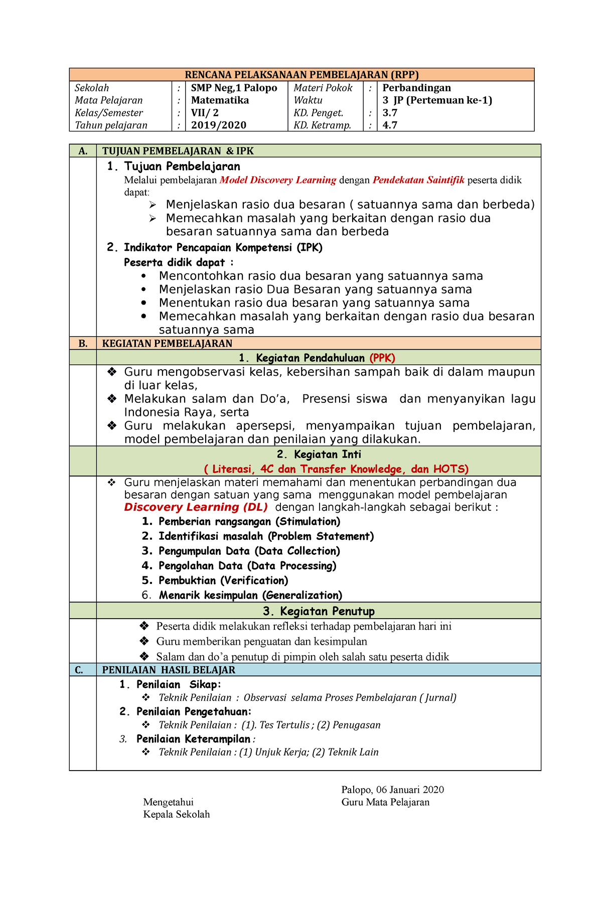 Contoh RPP 3 Komponen - RENCANA PELAKSANAAN PEMBELAJARAN (RPP) Sekolah ...