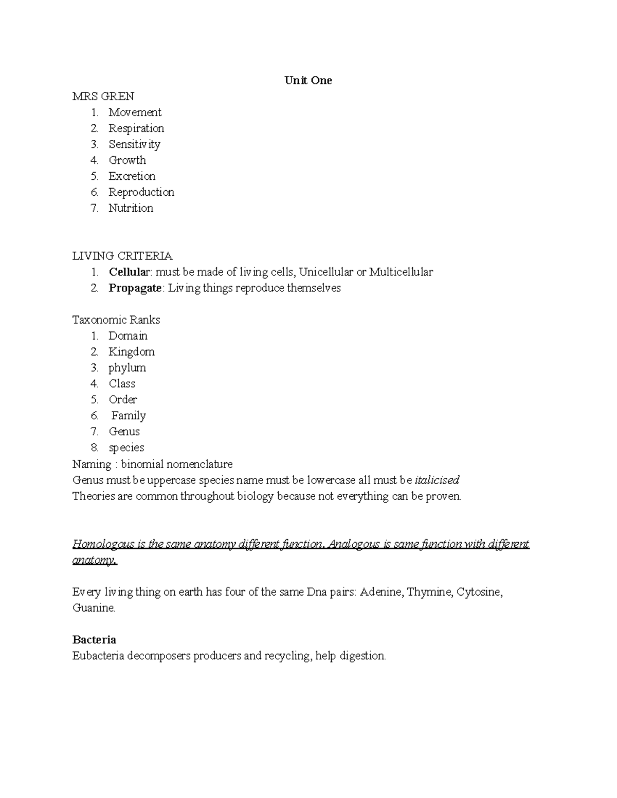 Biology Unit 1: MRS GREN, Living Criteria, and Taxonomy - Unit One MRS ...