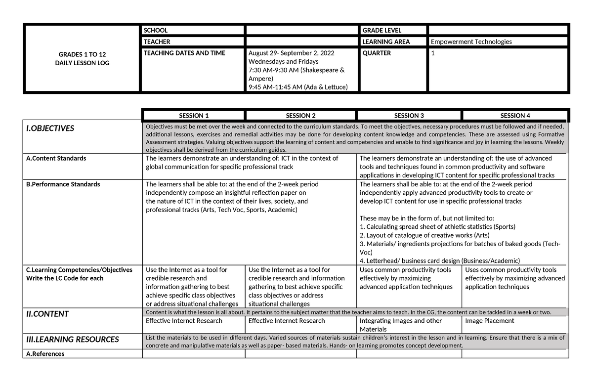 ET Q1 W2 - lesson plan - GRADES 1 TO 12 DAILY LESSON LOG SCHOOL GRADE ...