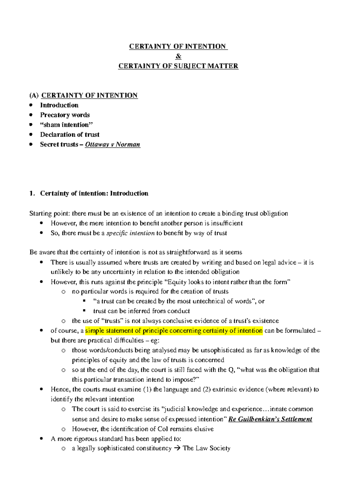 Trusts - Certainty of Intention and Subject Matter - CERTAINTY OF ...