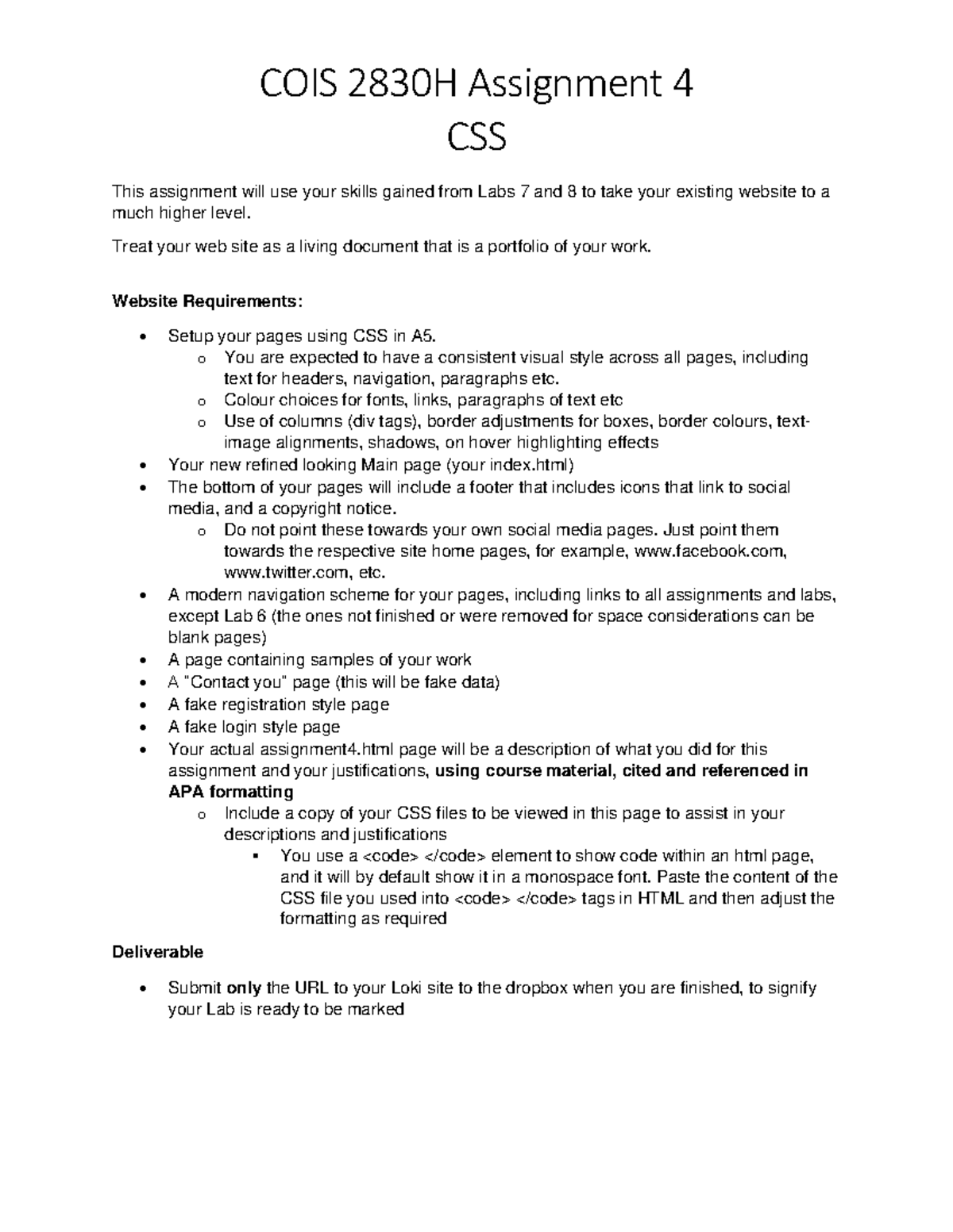 Assignment 4 - CSS - COIS 2830H Assignment 4 CSS This assignment will ...