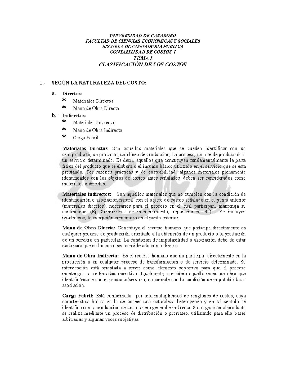 Clasificacion De Los Costos Universidad De Carabobo Facultad De Ciencias Economicas Y Sociales