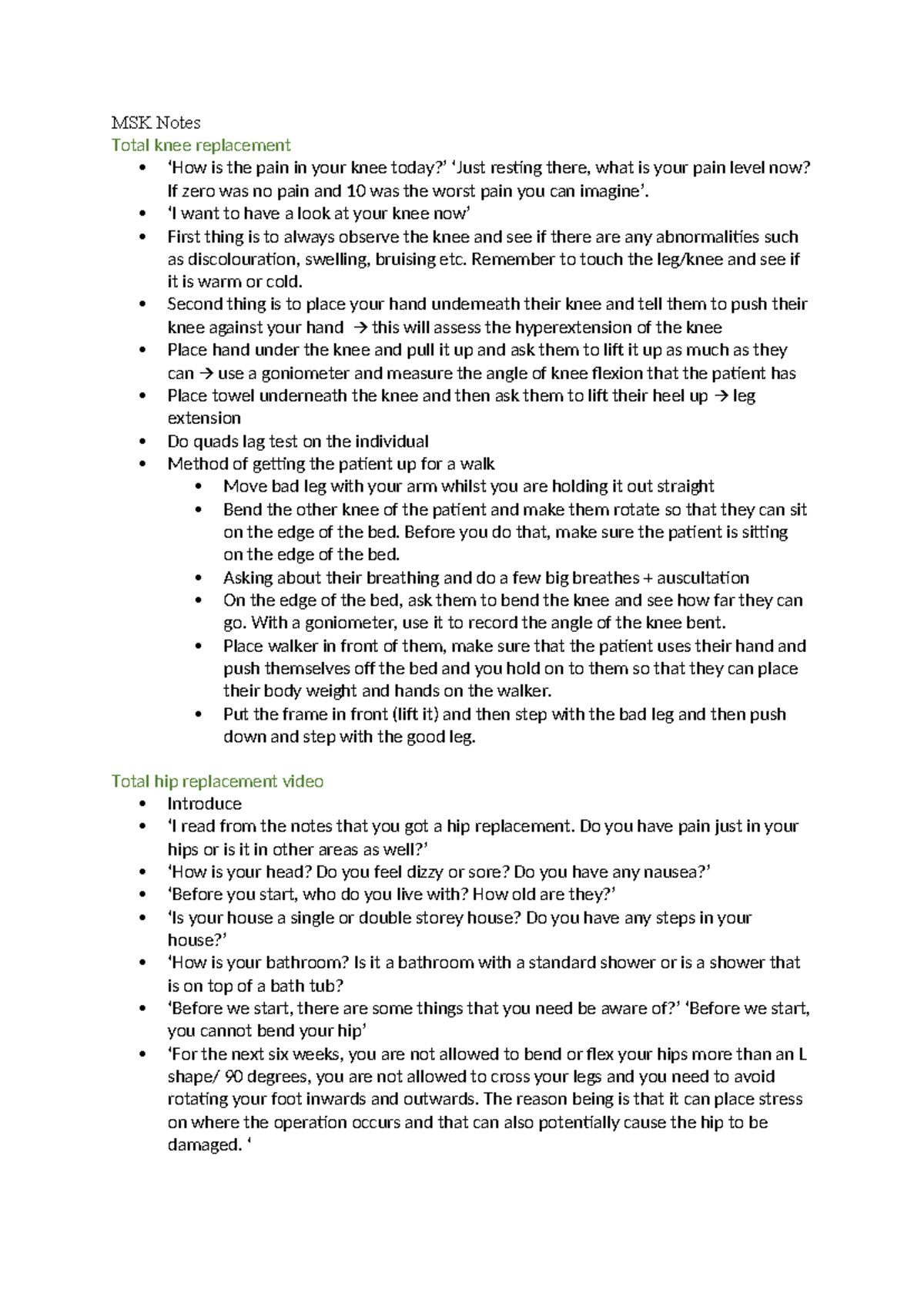 MSK Notes - MSK Notes Total knee replacement ‘How is the pain in your ...