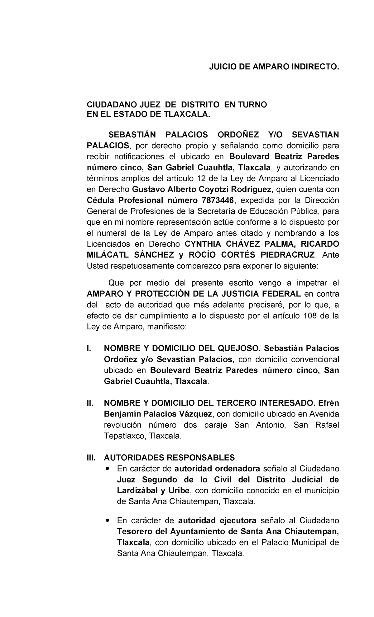 10 Demanda De Amparo Indirecto Vs Falta De Emplazamiento Sebastaián Palacios Ordoñez Juicio 7212