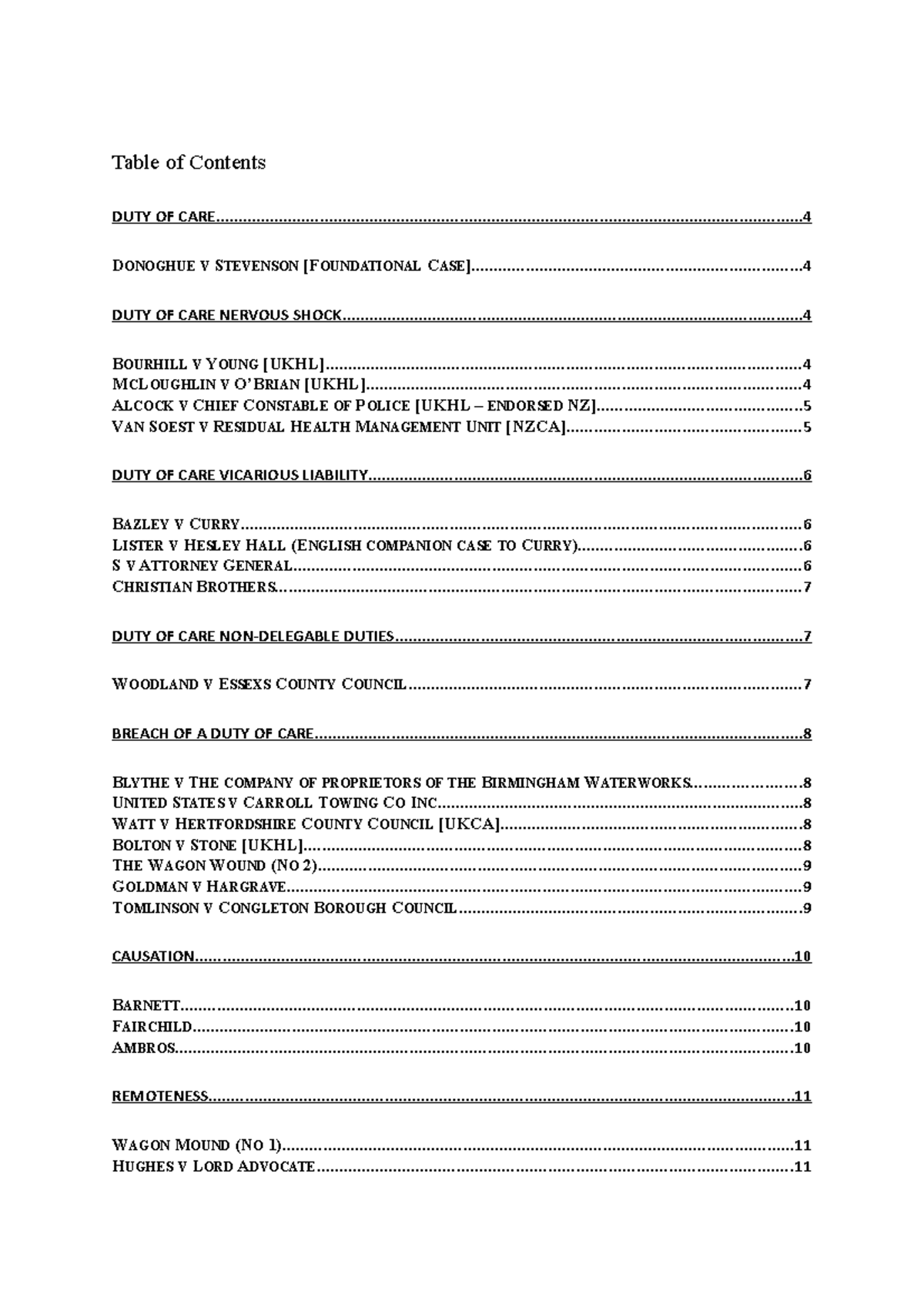 Torts Cheat Sheet - Table of Contents DUTY OF CARE DONOGHUE V STEVENSON ...