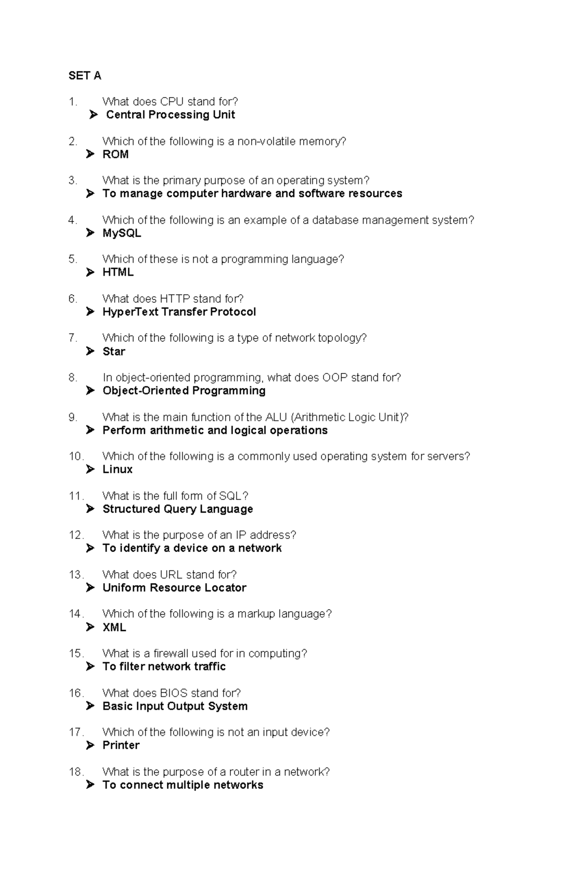 IT - Qualifying exam reviewer - SET A What does CPU stand for? Central ...