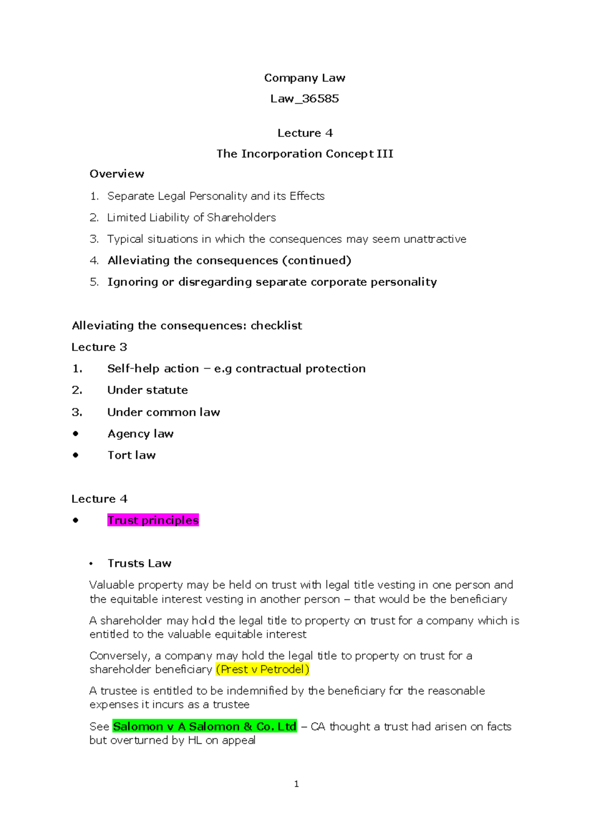 Lecture 4 The Incorporation Concept III outline - Company Law Law ...