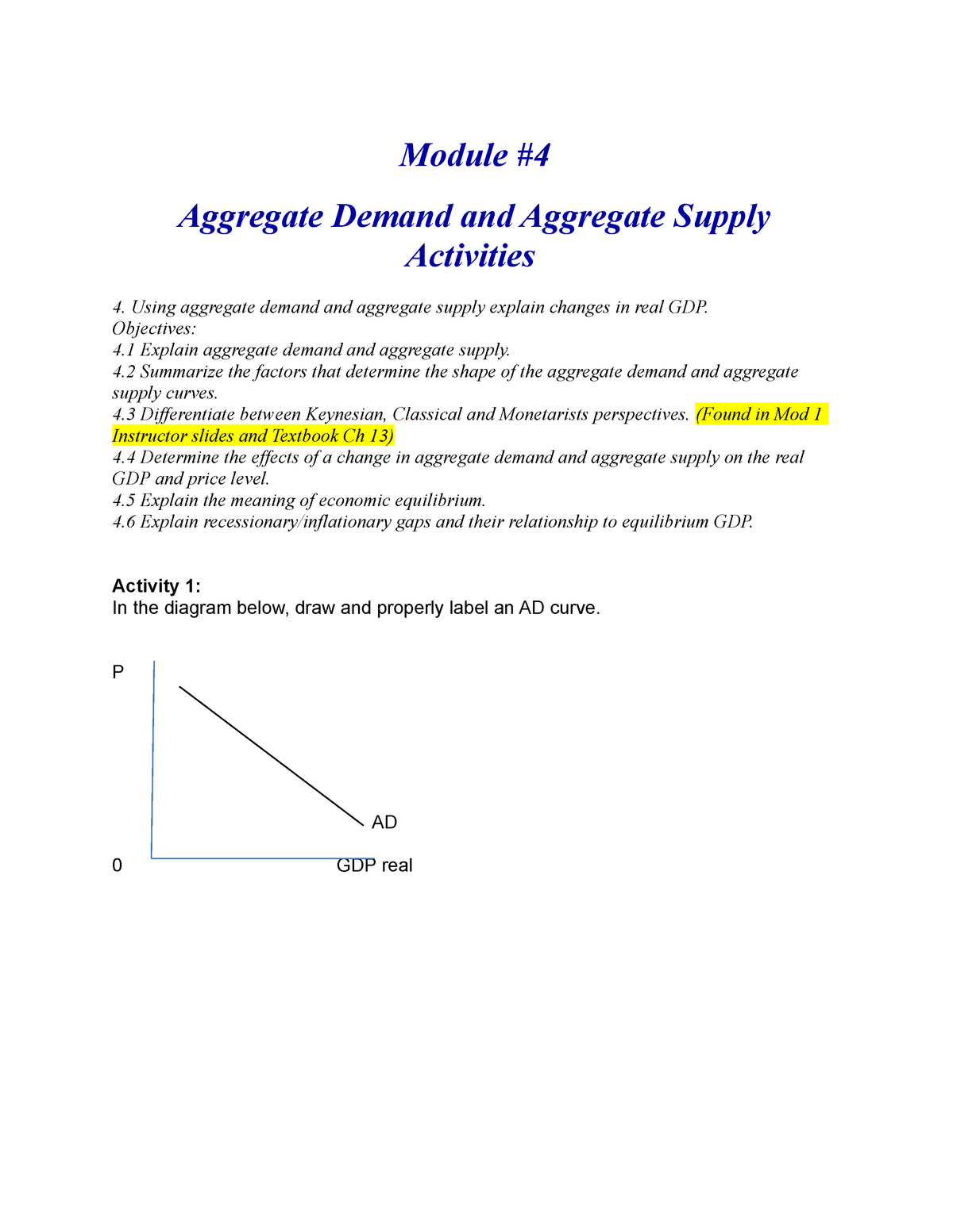 In Class Activities Module Aggregate Demand and Aggregate Supply