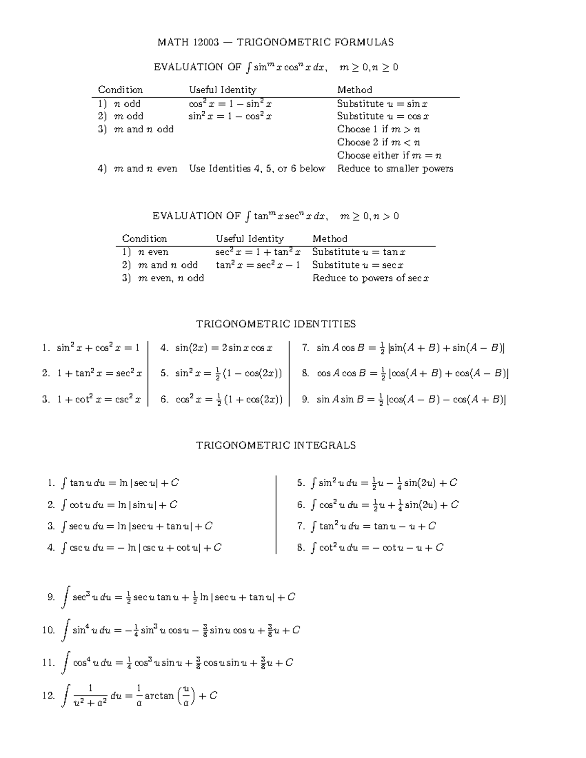 Trigonometric Formulas - MATH 12003 — TRIGONOMETRIC FORMULAS EVALUATION ...