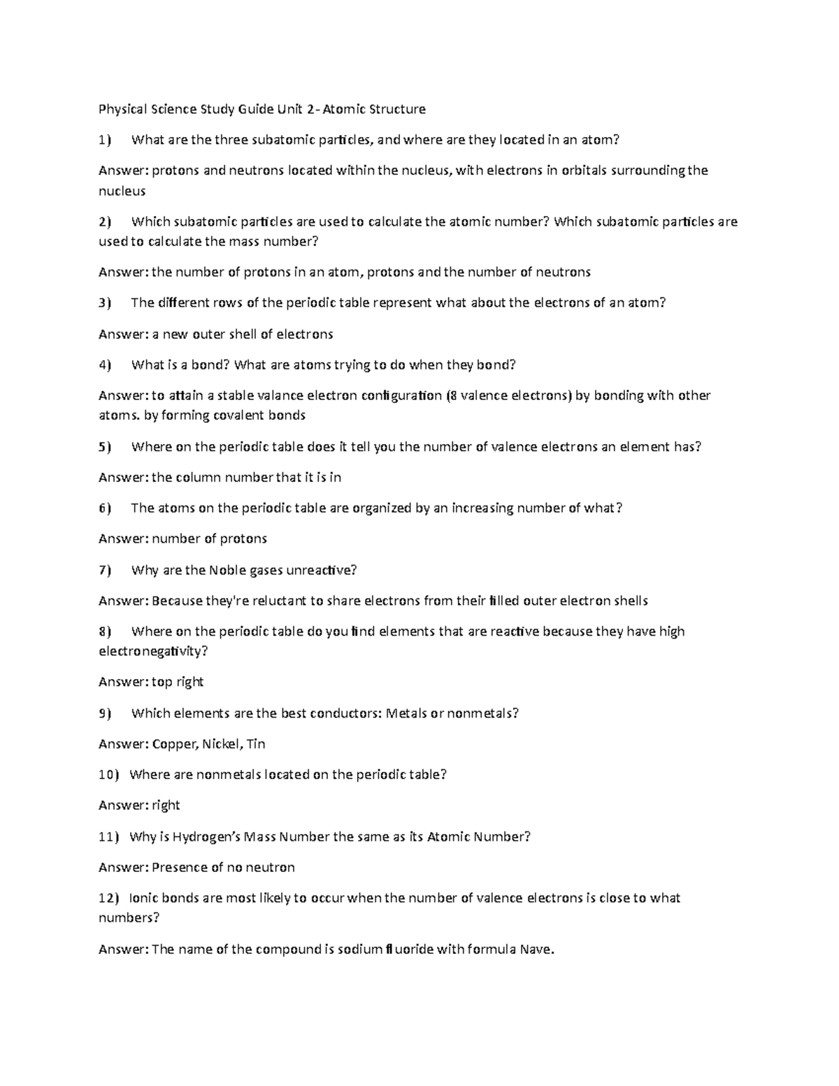 Physical Science Study Guide Unit 2 - by forming covalent bonds Where ...