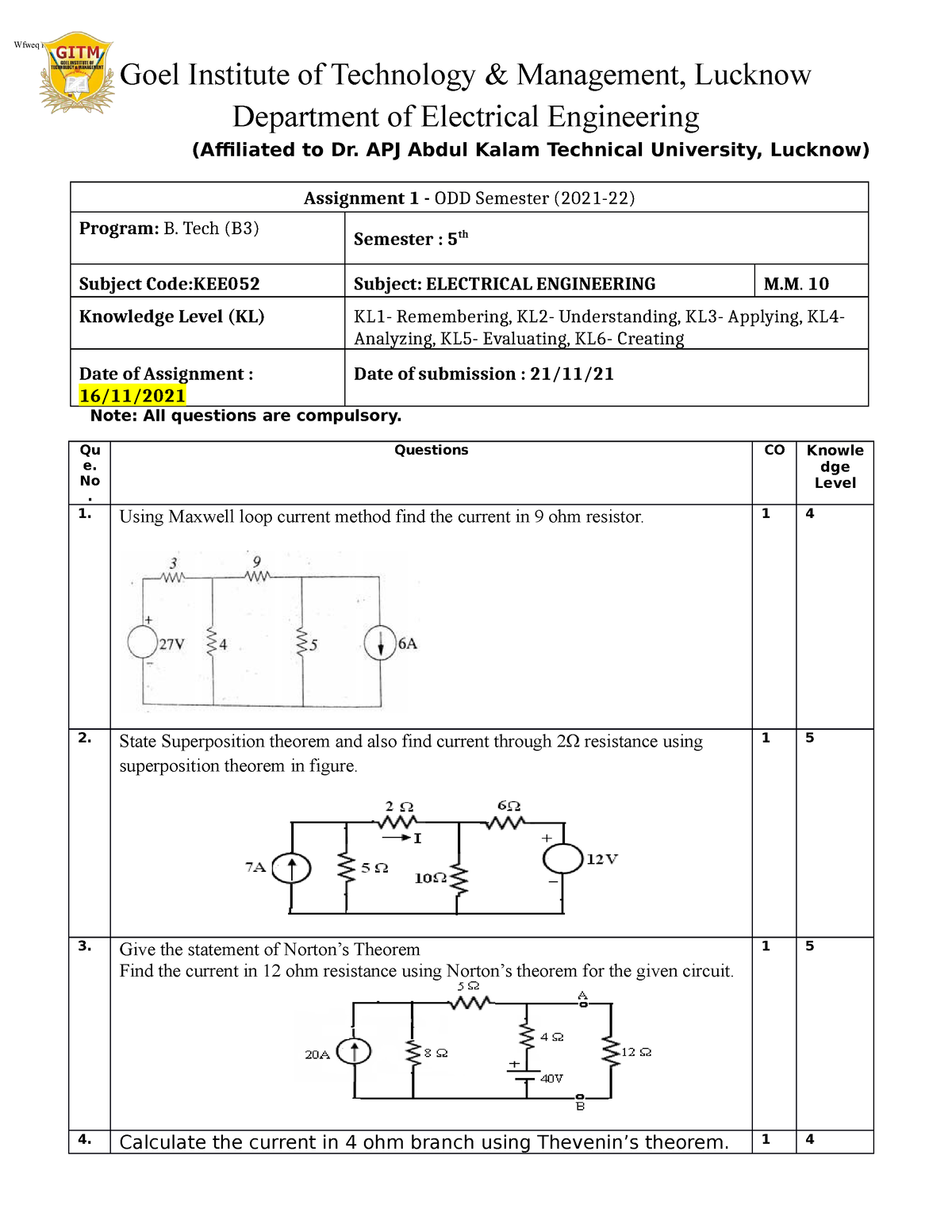 Assignment Electrical Engineering First Year B Tech 2021-2022 Session ...