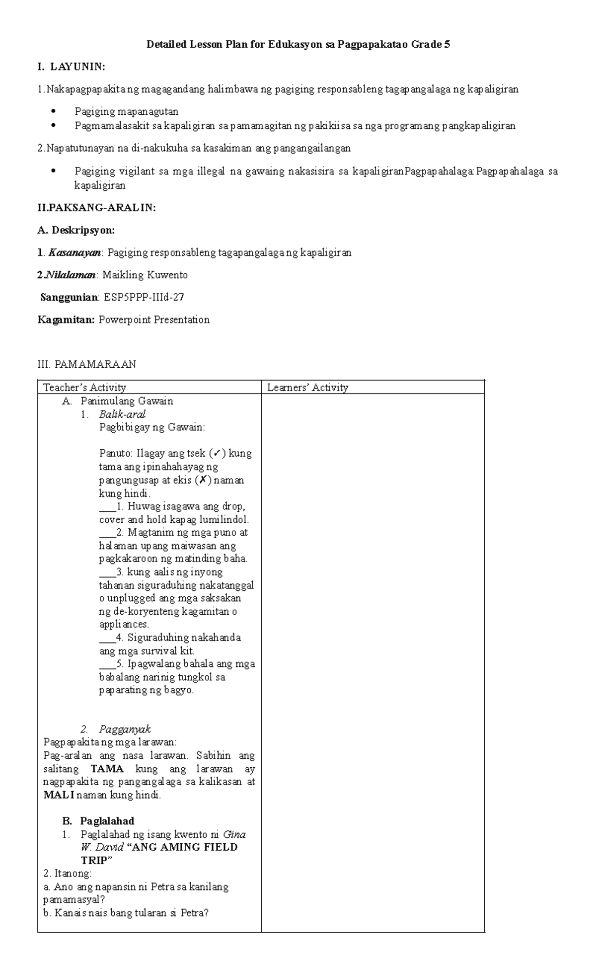 Values Education Lesson Plan for Teachers and other Educators ...