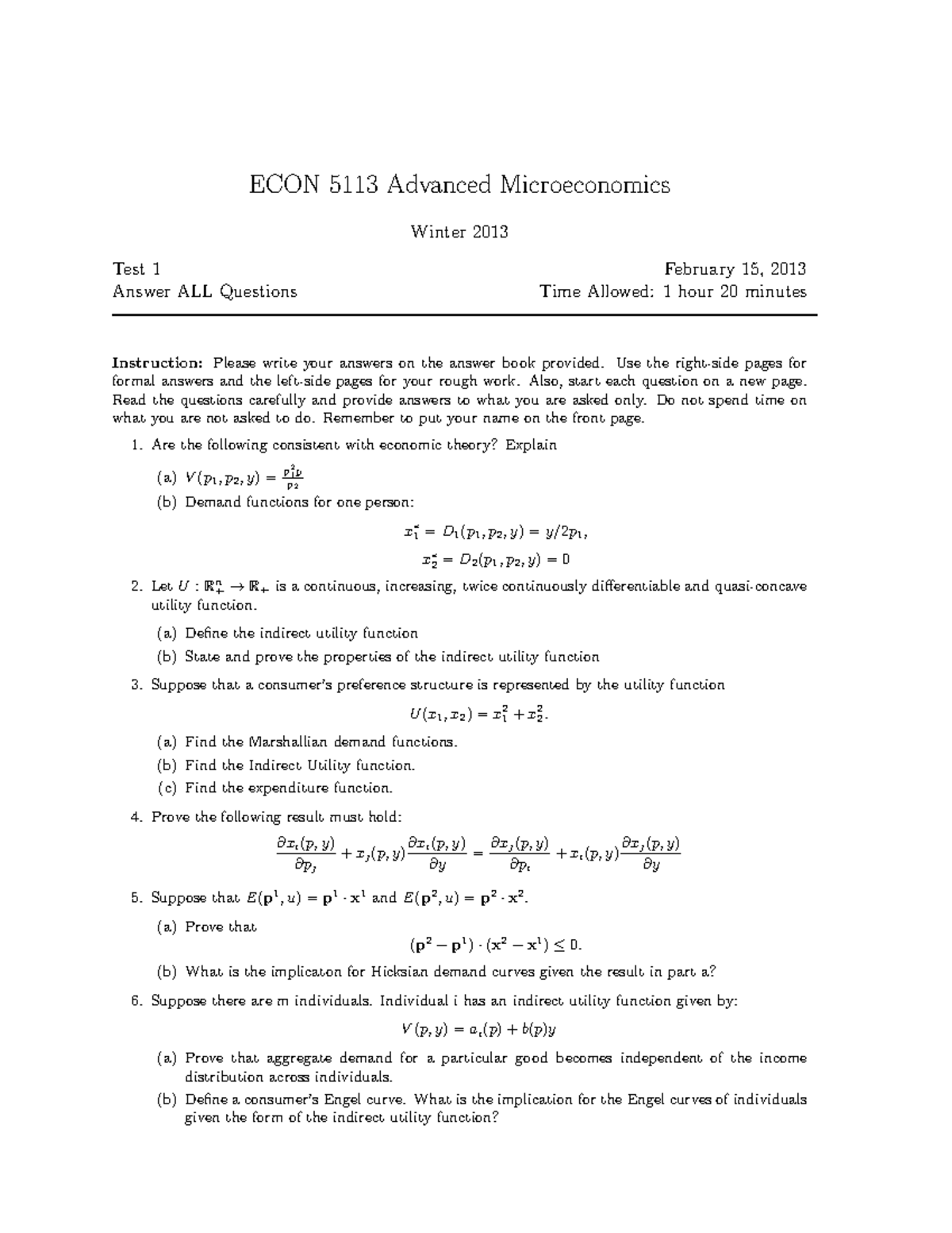 Exam 2013, questions - ECON 5113 Advanced Microeconomics Winter 2013 ...
