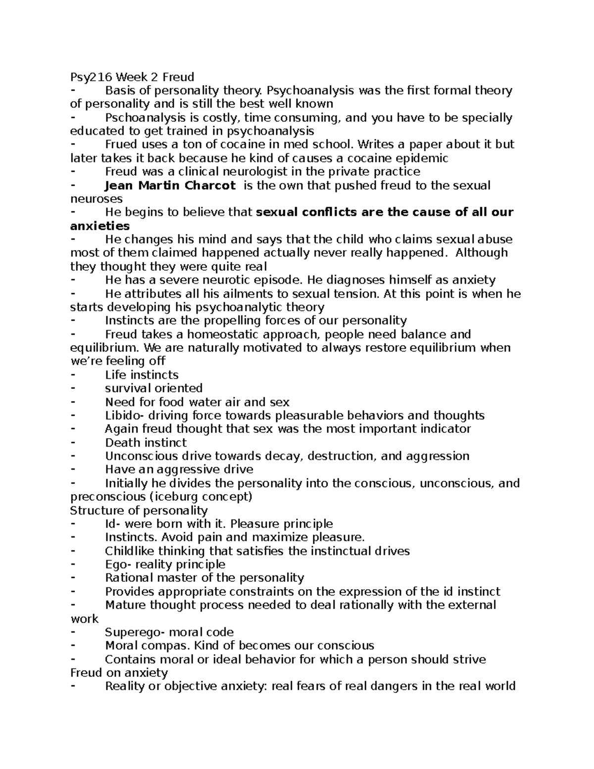 Psy216 notes Psy216 Week 2 Freud ⁃ Basis of personality theory