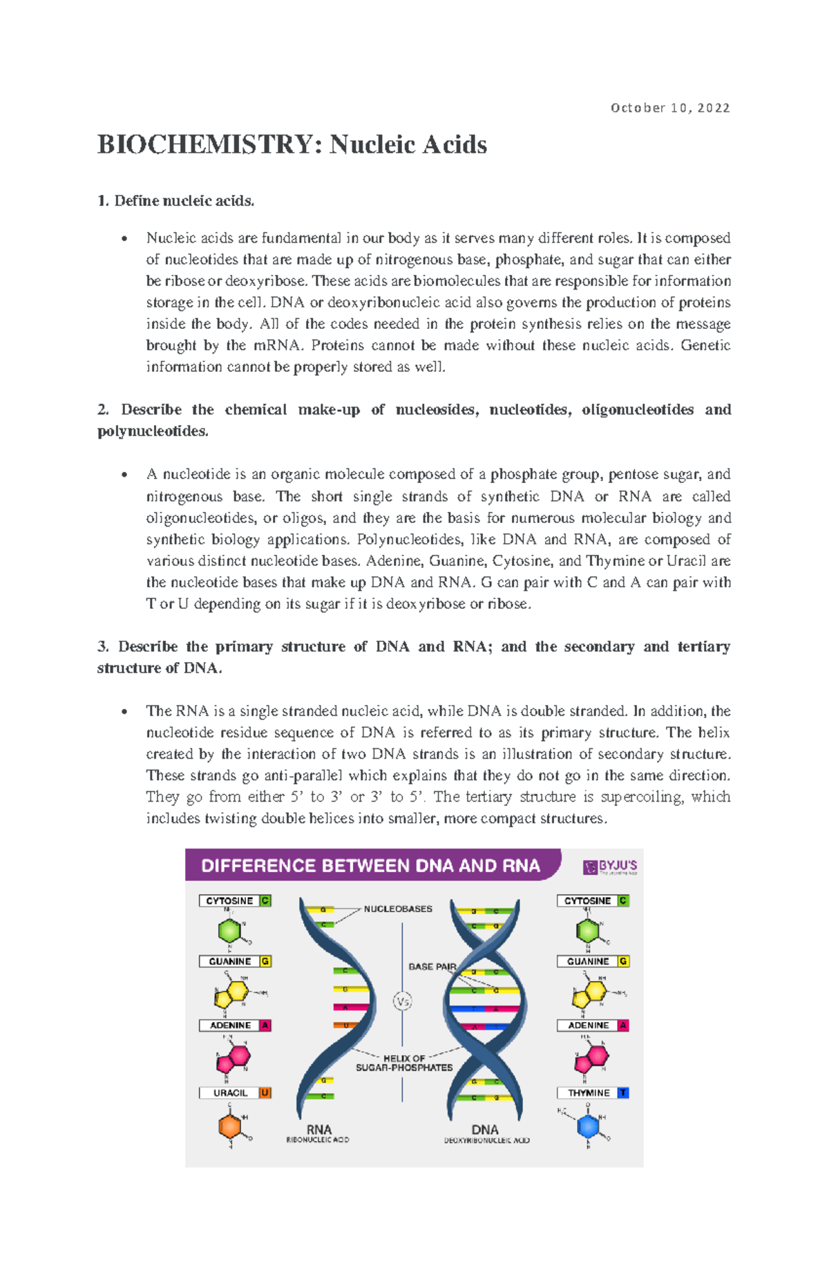 BIOCHEMISTRY: Nucleic Acids - October 10, 2022 BIOCHEMISTRY: Nucleic ...