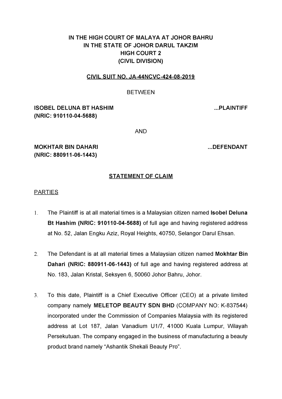 Statement Of Claim Malaysia Sample Written Submission Pleadings