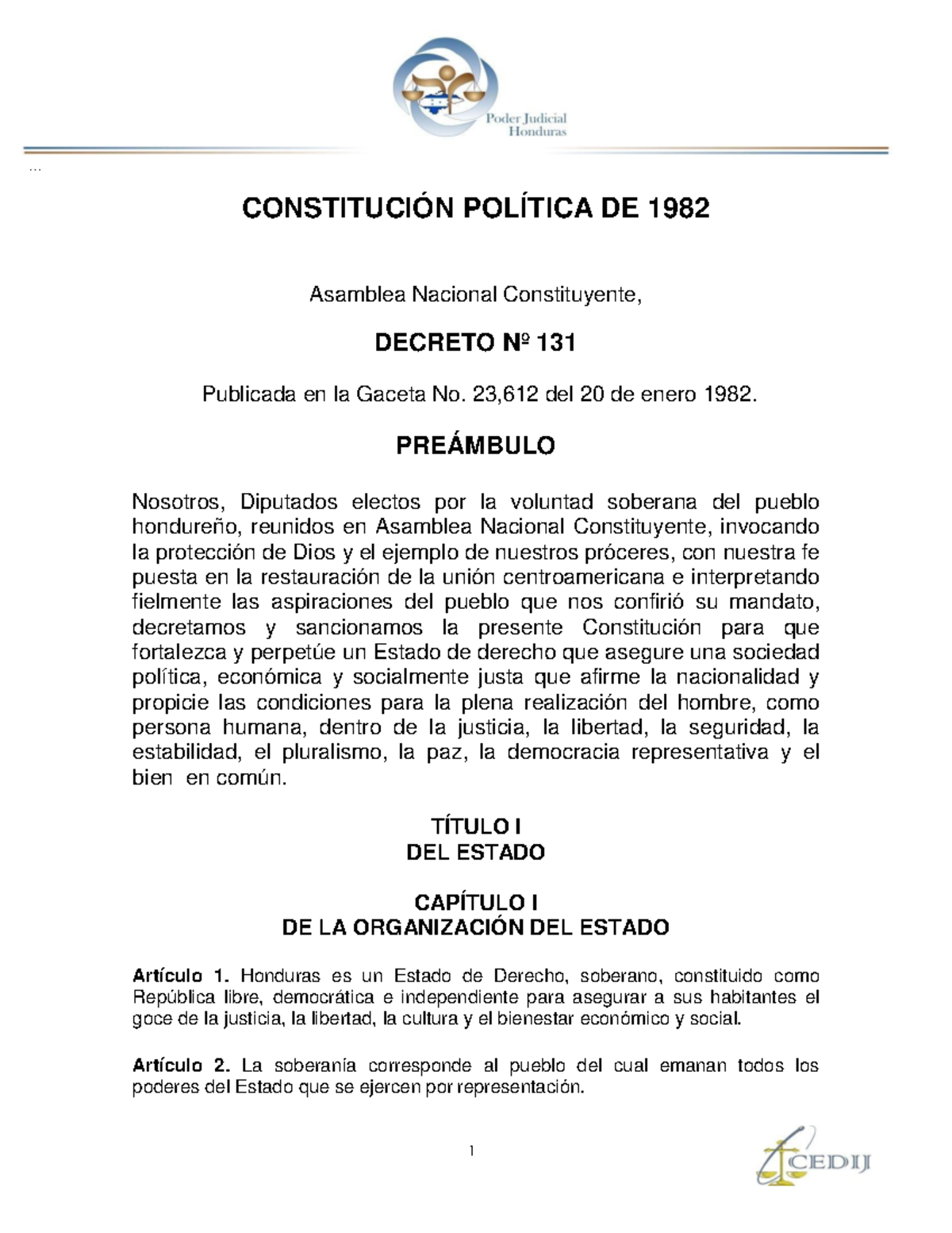 Constitución de Honduras de 1982 decreto n. 131 - ... CONSTITUCIÓN POLÍTICA  DE 1982 Asamblea - Studocu