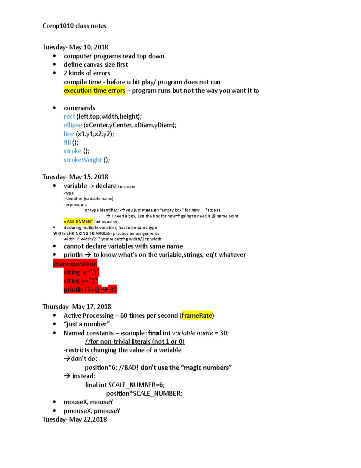 Notes Comp1010 - Comp1010 class notes Tuesday- May 10, 2018 computer ...