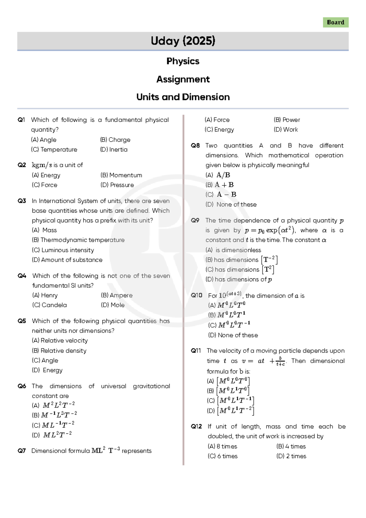 Units and Dimension Assignment Uday 2025 - Board Uday (2025) Q1 Which ...