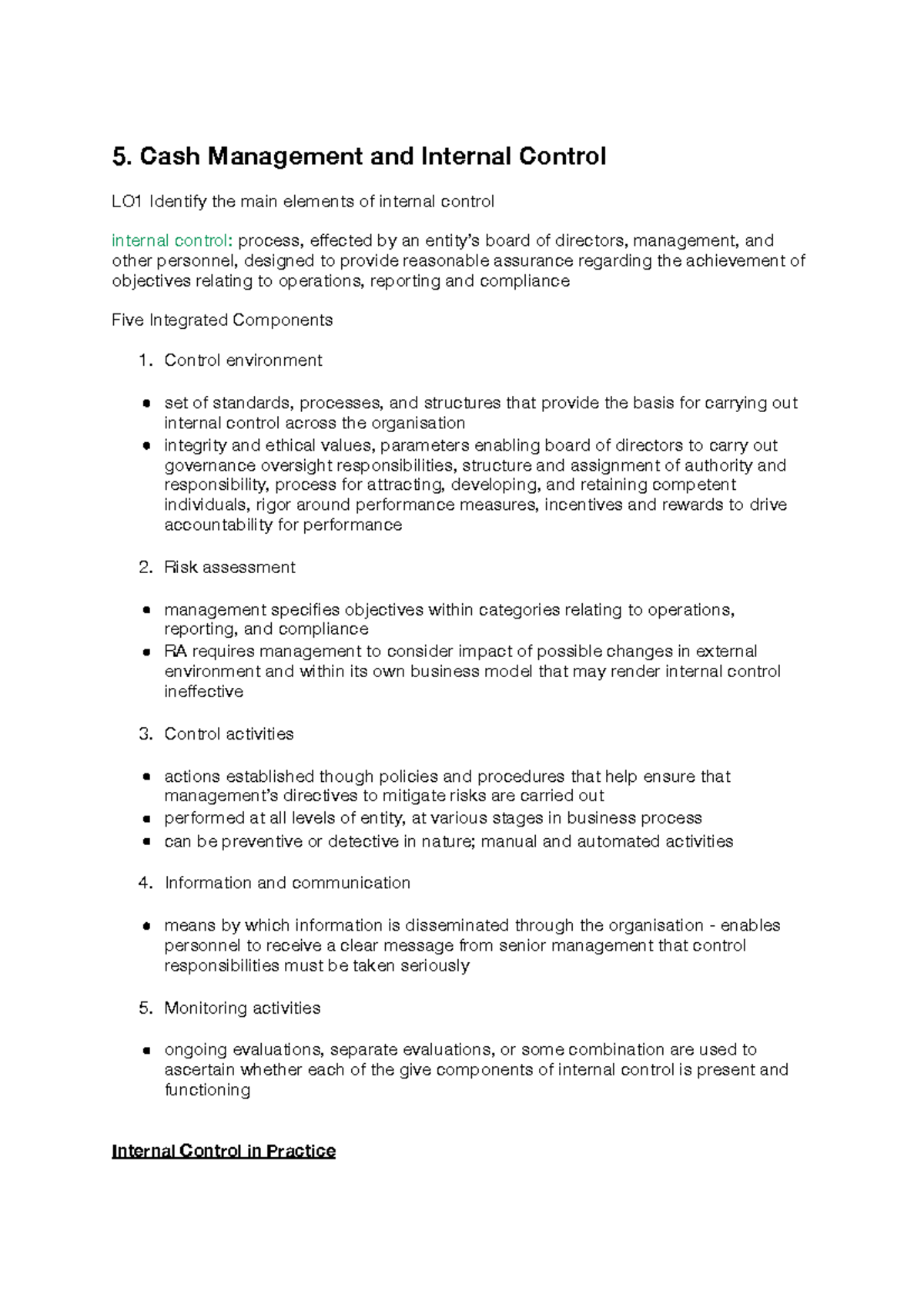 Lecture 5 - Comprehensive notes - 5. Cash Management and Internal ...