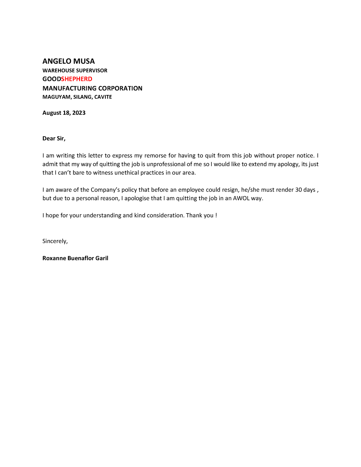 Explanation Letter - Hi, I am sorry - ANGELO MUSA WAREHOUSE SUPERVISOR ...