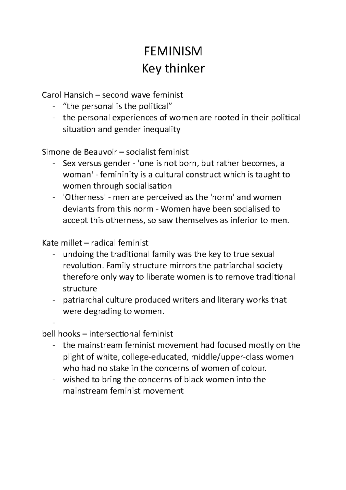 feminism essays a level politics