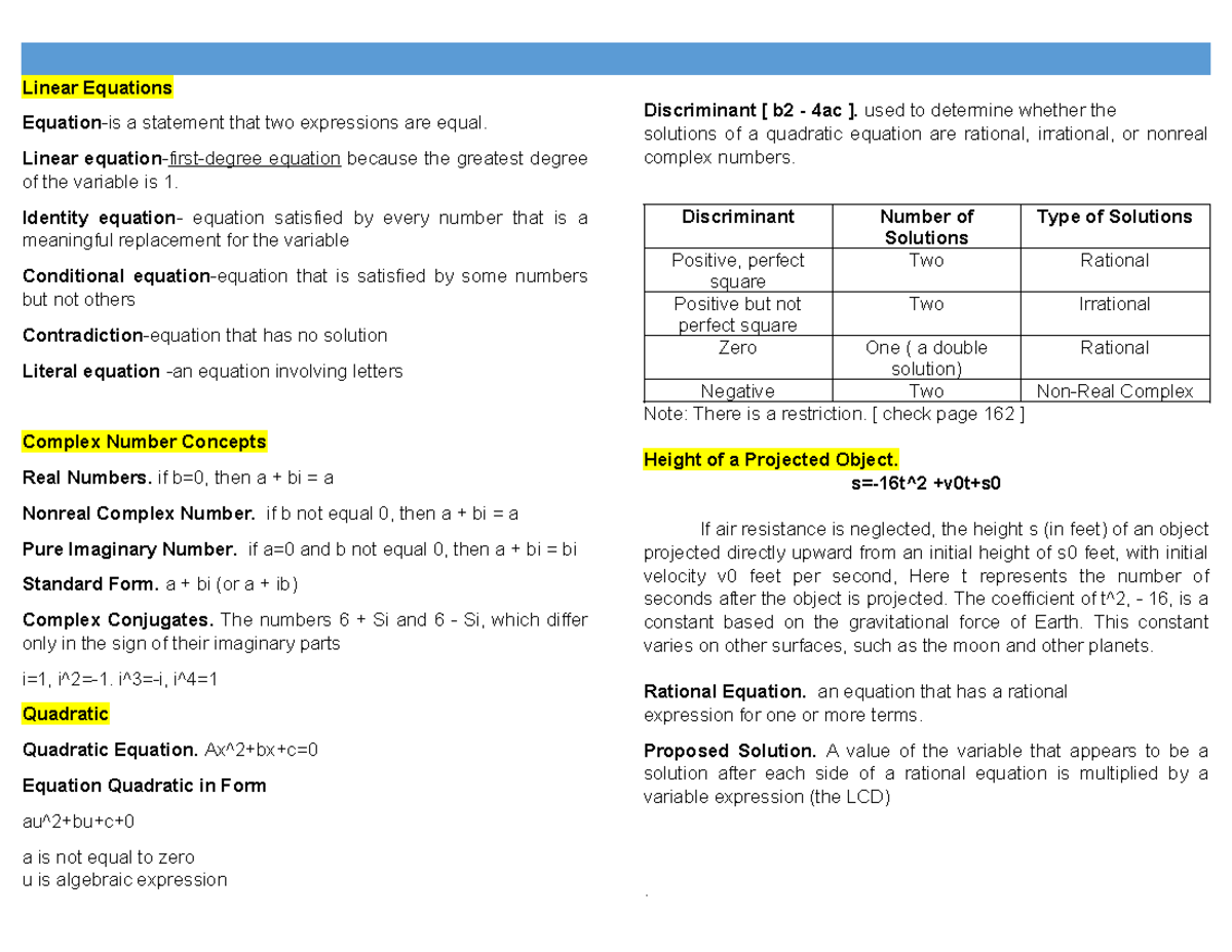 Linear Equations - Summary College and Advance Algebra - Linear ...