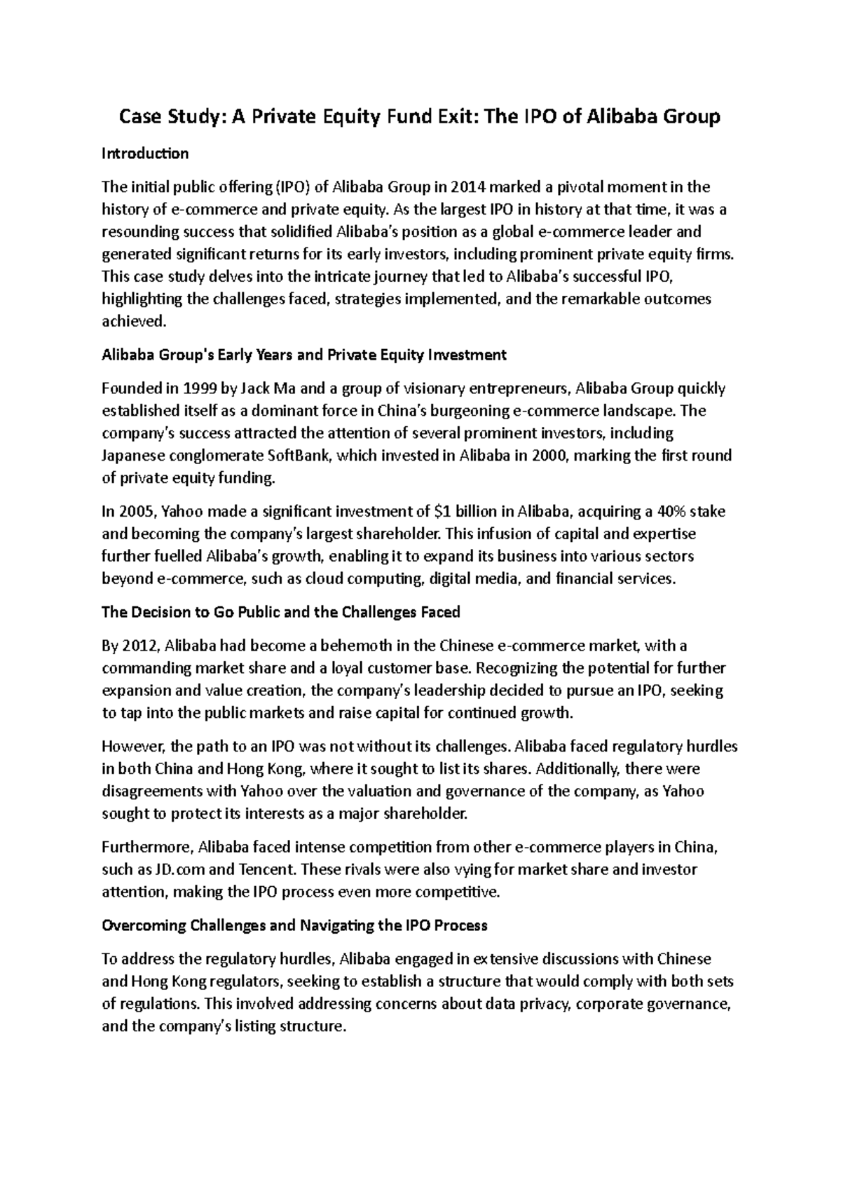 Project 4 - Summary - Case Study: A Private Equity Fund Exit: The IPO ...