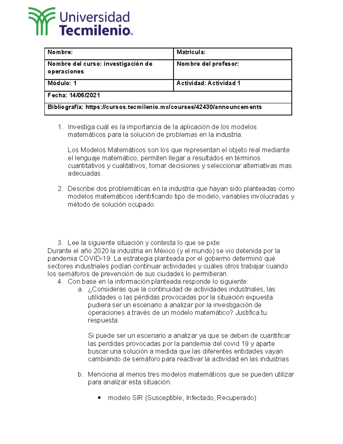 Actividad 1 IO Investigacion De Operaciones - Nombre: Matricula: Nombre ...