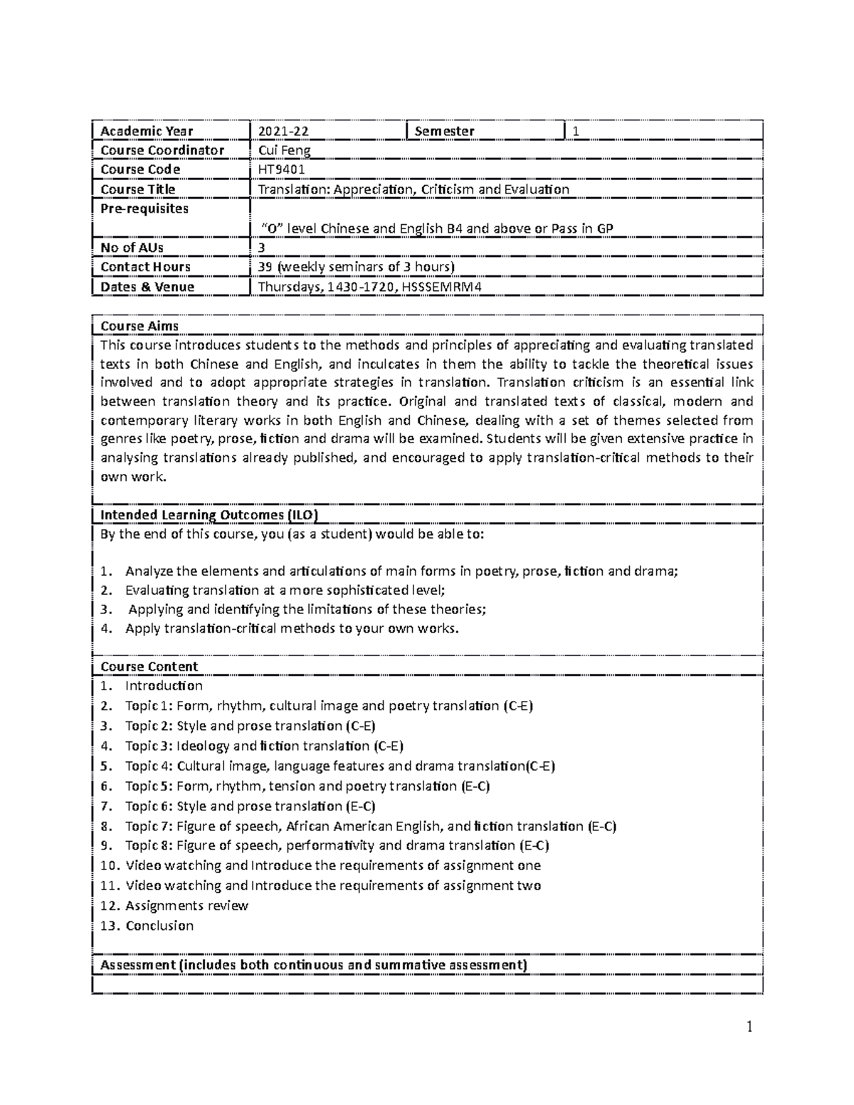 HT9401 Syllabus August 2021 - Academic Year 2021-22 Semester 1 Course ...