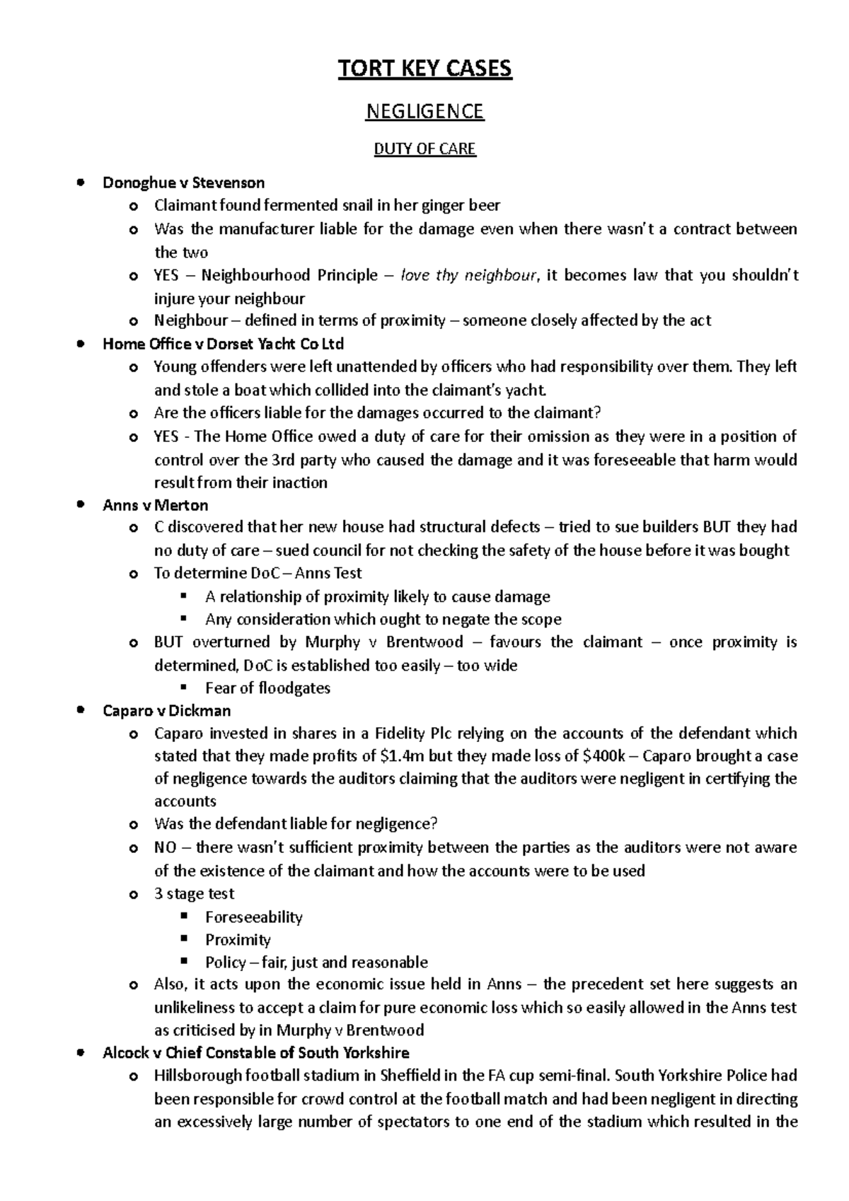 TORT KEY Cases - TORT KEY CASES NEGLIGENCE DUTY OF CARE Donoghue v ...