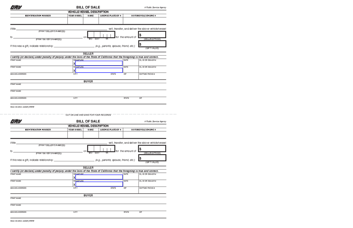 California Motor Vehicle Bill of Sale Form - CUT ON LINE AND SAVE FOR ...